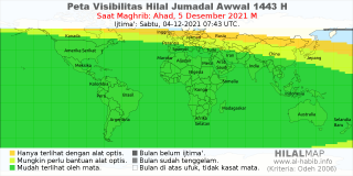HilalMap: Peta Visibilitas Hilal Jumadal-Awwal 1443 H: rukyat tanggal 2021-12-5 M