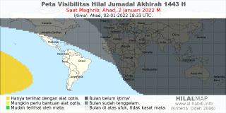 HilalMap: Peta Visibilitas Hilal Jumadal-Akhirah 1443 H: rukyat tanggal 2022-1-2 M