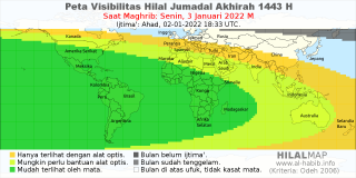 HilalMap: Peta Visibilitas Hilal Jumadal-Akhirah 1443 H: rukyat tanggal 2022-1-3 M