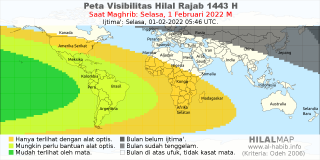 HilalMap: Peta Visibilitas Hilal Rajab 1443 H: rukyat tanggal 2022-2-1 M