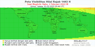 HilalMap: Peta Visibilitas Hilal Rajab 1443 H: rukyat tanggal 2022-2-2 M