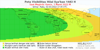 HilalMap: Peta Visibilitas Hilal Syaban 1443 H: rukyat tanggal 2022-3-3 M