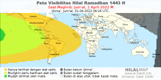HilalMap: Peta Visibilitas Hilal Ramadhan 1443 H: rukyat tanggal 2022-4-1 M