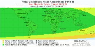 peta visibilitas hilal ramadhan 1443 H pada petang hari Sabtu, 2 April 2022.