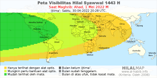 HilalMap: Peta Visibilitas Hilal Syawwal 1443 H: rukyat tanggal 2022-5-1 M