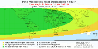 HilalMap: Peta Visibilitas Hilal Dzulqaidah 1443 H: rukyat tanggal 2022-5-31 M
