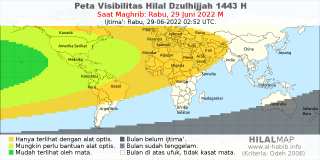 HilalMap: Peta Visibilitas Hilal Dzulhijjah 1443 H: rukyat tanggal 2022-6-29 M
