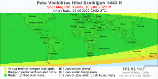 HilalMap: Peta Visibilitas Hilal Dzulhijjah 1443 H: rukyat tanggal 2022-6-30 M