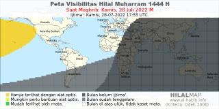 HilalMap: Peta Visibilitas Hilal Muharram 1444 H: rukyat tanggal 2022-7-28 M