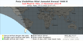 HilalMap: Peta Visibilitas Hilal Jumadal-Awwal 1444 H: rukyat tanggal 2022-11-23 M