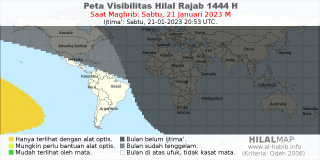 HilalMap: Peta Visibilitas Hilal Rajab 1444 H: rukyat tanggal 2023-1-21 M