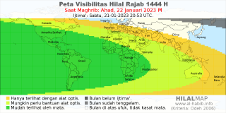HilalMap: Peta Visibilitas Hilal Rajab 1444 H: rukyat tanggal 2023-1-22 M