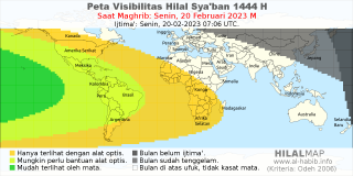 HilalMap: Peta Visibilitas Hilal Syaban 1444 H: rukyat tanggal 2023-2-20 M