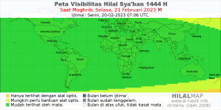 HilalMap: Peta Visibilitas Hilal Syaban 1444 H: rukyat tanggal 2023-2-21 M