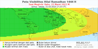 peta visibilitas hilal ramadhan 1444 H pada petang hari Rabu, 22 Maret 2023.