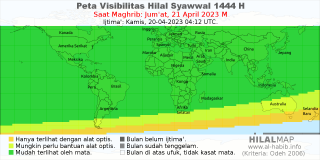 HilalMap: Peta Visibilitas Hilal Syawwal 1444 H: rukyat tanggal 2023-4-21 M