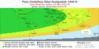 HilalMap: Peta Visibilitas Hilal Dzulqaidah 1444 H: rukyat tanggal 2023-5-20 M