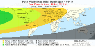 HilalMap: Peta Visibilitas Hilal Dzulhijjah 1444 H: rukyat tanggal 2023-6-18 M