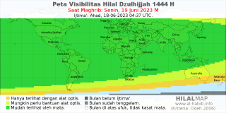 HilalMap: Peta Visibilitas Hilal Dzulhijjah 1444 H: rukyat tanggal 2023-6-19 M