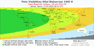HilalMap: Peta Visibilitas Hilal Muharram 1445 H: rukyat tanggal 2023-7-18 M