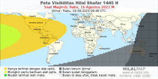 HilalMap: Peta Visibilitas Hilal Shafar 1445 H: rukyat tanggal 2023-8-16 M