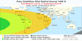 HilalMap: Peta Visibilitas Hilal Rabiul-Awwal 1445 H: rukyat tanggal 2023-9-15 M