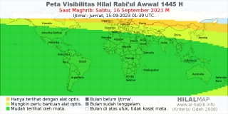 HilalMap: Peta Visibilitas Hilal Rabiul-Awwal 1445 H: rukyat tanggal 2023-9-16 M
