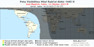 HilalMap: Peta Visibilitas Hilal Rabiul-Akhir 1445 H: rukyat tanggal 2023-10-14 M