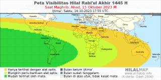HilalMap: Peta Visibilitas Hilal Rabiul-Akhir 1445 H: rukyat tanggal 2023-10-15 M