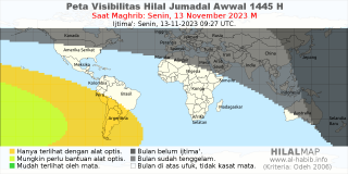 HilalMap: Peta Visibilitas Hilal Jumadal-Awwal 1445 H: rukyat tanggal 2023-11-13 M