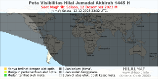 HilalMap: Peta Visibilitas Hilal Jumadal-Akhirah 1445 H: rukyat tanggal 2023-12-12 M