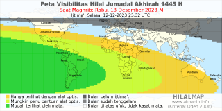 HilalMap: Peta Visibilitas Hilal Jumadal-Akhirah 1445 H: rukyat tanggal 2023-12-13 M
