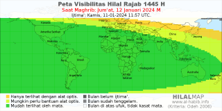 HilalMap: Peta Visibilitas Hilal Rajab 1445 H: rukyat tanggal 2024-1-12 M