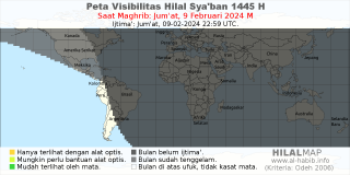 HilalMap: Peta Visibilitas Hilal Syaban 1445 H: rukyat tanggal 2024-2-9 M