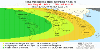 HilalMap: Peta Visibilitas Hilal Syaban 1445 H: rukyat tanggal 2024-2-10 M