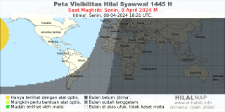 HilalMap: Peta Visibilitas Hilal Syawwal 1445 H: rukyat tanggal 2024-4-8 M