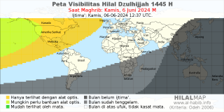 HilalMap: Peta Visibilitas Hilal Dzulhijjah 1445 H: rukyat tanggal 2024-6-6 M