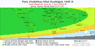 HilalMap: Peta Visibilitas Hilal Dzulhijjah 1445 H: rukyat tanggal 2024-6-7 M