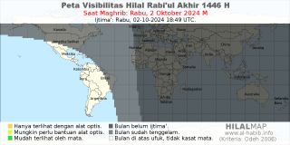 HilalMap: Peta Visibilitas Hilal Rabiul-Akhir 1446 H: rukyat tanggal 2024-10-2 M