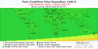 HilalMap: Peta Visibilitas Hilal Ramadhan 1446 H: rukyat tanggal 2025-3-1 M