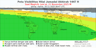 HilalMap: Peta Visibilitas Hilal Jumadal-Akhirah 1447 H: rukyat tanggal 2025-11-21 M
