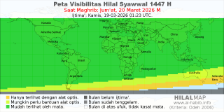 HilalMap: Peta Visibilitas Hilal Syawwal 1447 H: rukyat tanggal 2026-3-20 M