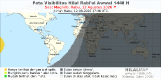 HilalMap: Peta Visibilitas Hilal Rabiul-Awwal 1448 H: rukyat tanggal 2026-8-12 M