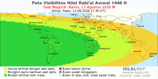 HilalMap: Peta Visibilitas Hilal Rabiul-Awwal 1448 H: rukyat tanggal 2026-8-13 M