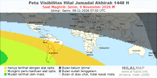 HilalMap: Peta Visibilitas Hilal Jumadal-Akhirah 1448 H: rukyat tanggal 2026-11-9 M