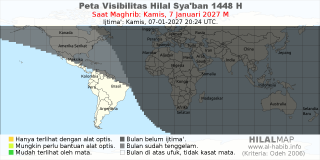 HilalMap: Peta Visibilitas Hilal Syaban 1448 H: rukyat tanggal 2027-1-7 M