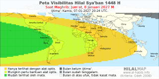 HilalMap: Peta Visibilitas Hilal Syaban 1448 H: rukyat tanggal 2027-1-8 M