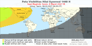HilalMap: Peta Visibilitas Hilal Syawwal 1448 H: rukyat tanggal 2027-3-8 M