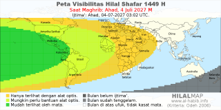 HilalMap: Peta Visibilitas Hilal Shafar 1449 H: rukyat tanggal 2027-7-4 M
