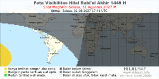 HilalMap: Peta Visibilitas Hilal Rabiul-Akhir 1449 H: rukyat tanggal 2027-8-31 M